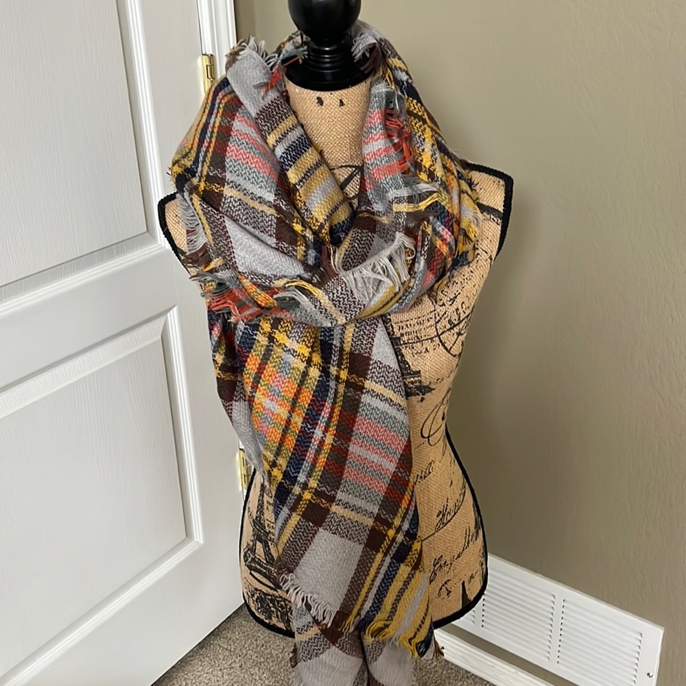 Gray Blue Yellow Orange Tartan Plaid Blanket Scarf